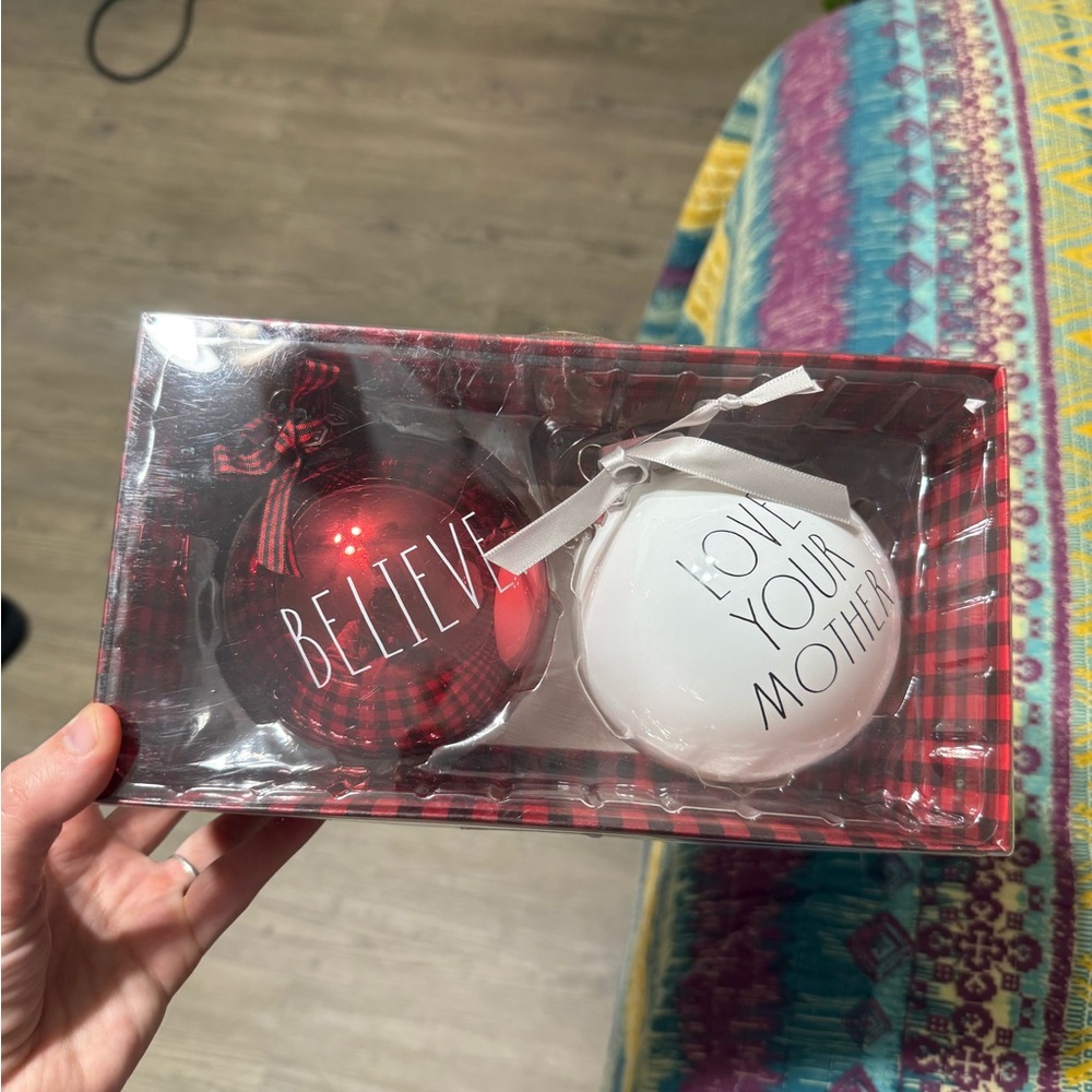 Rae Dunn Red and White Holiday Glass Ornaments Set